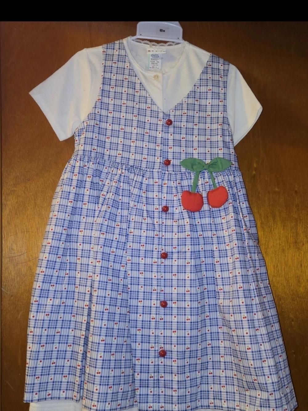 Blue Plaid Girls Dress with Red Cherry Appliqué